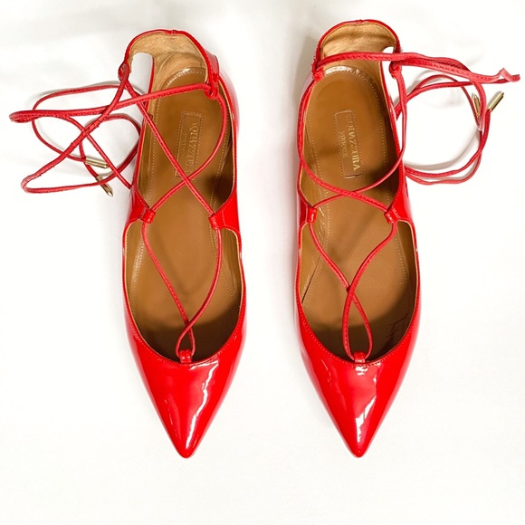 AQUAZZURA CHRISTY RED PATENT LEATHER ANKLE LACE UP POINTY TOE BALLET FLATS - Picture 2 of 13